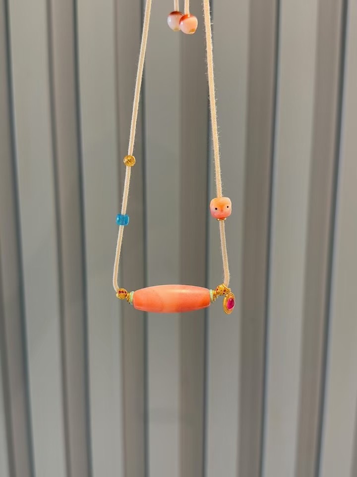 Yemenite Lava Agate Vermilion Eye Necklace with Pink Waxy Carnelian & 24k Gold-Plated Accents Aoao Toys