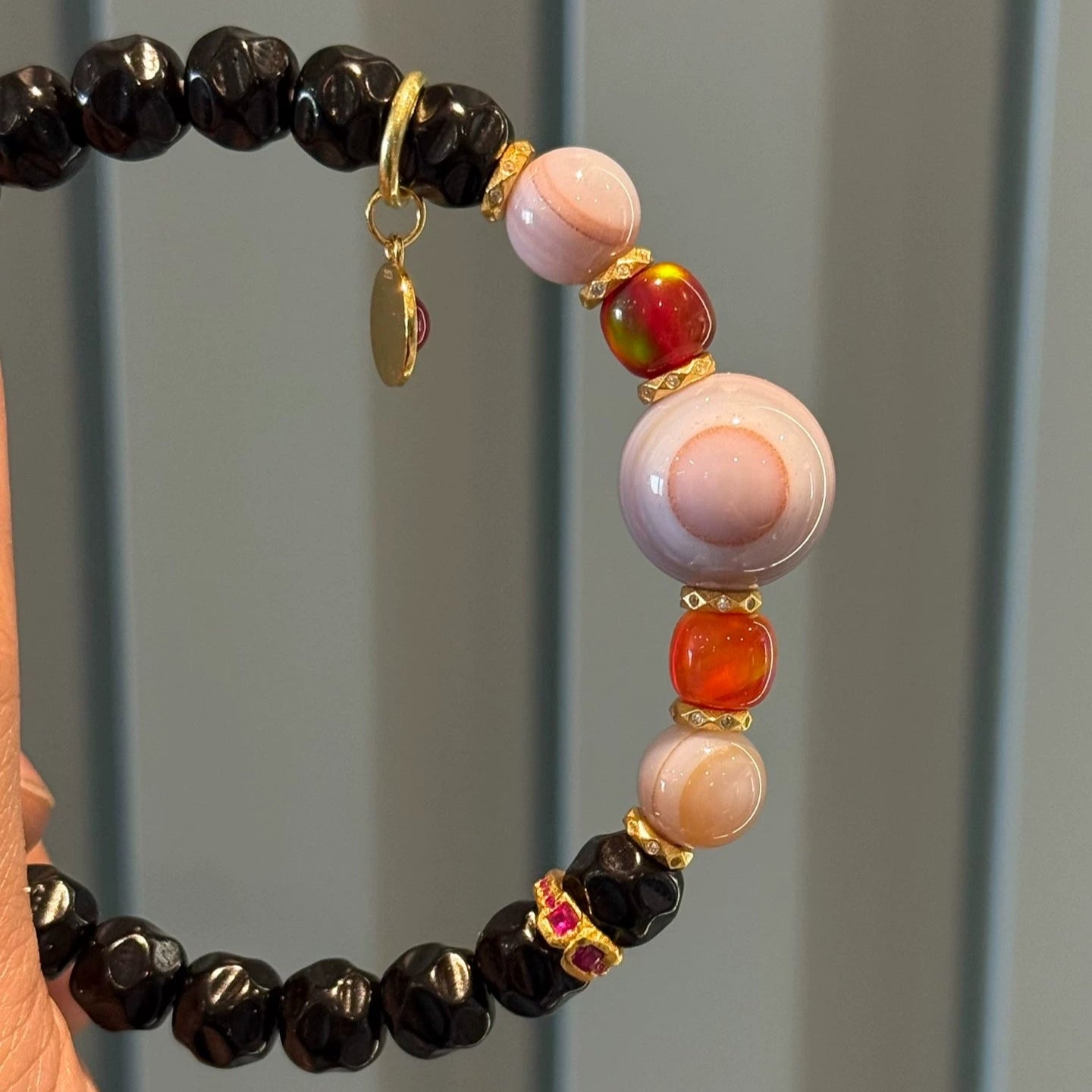 🌟 Rare Gray-Blue Agate & Black Gold Coconut Palm Kernel Multi-Gem Bracelet Unique Piece • Natural Inclusions • Tibetan Style • 925 Silver-Gilt Accents Aoao Toys