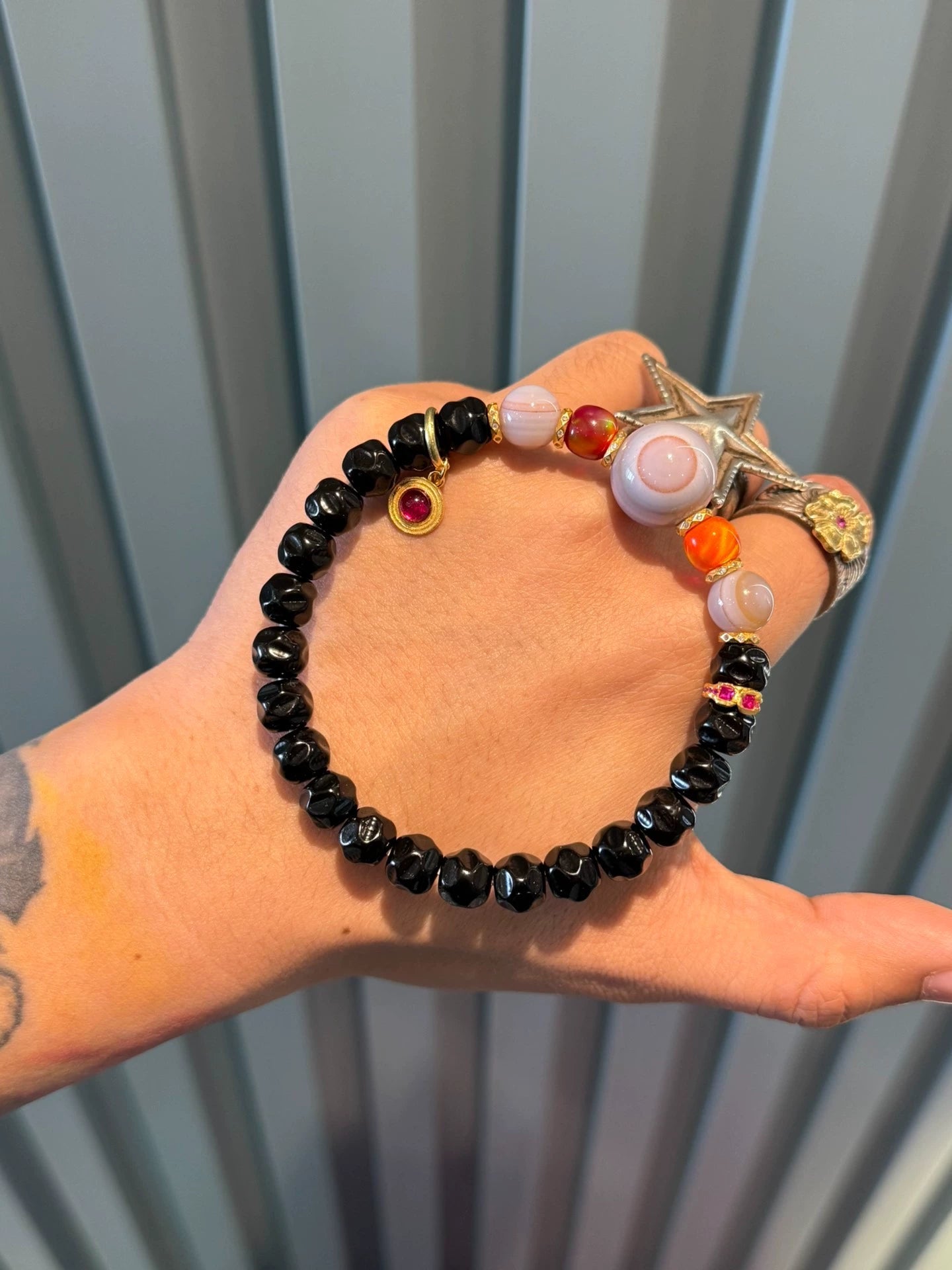 🌟 Rare Gray-Blue Agate & Black Gold Coconut Palm Kernel Multi-Gem Bracelet Unique Piece • Natural Inclusions • Tibetan Style • 925 Silver-Gilt Accents Aoao Toys