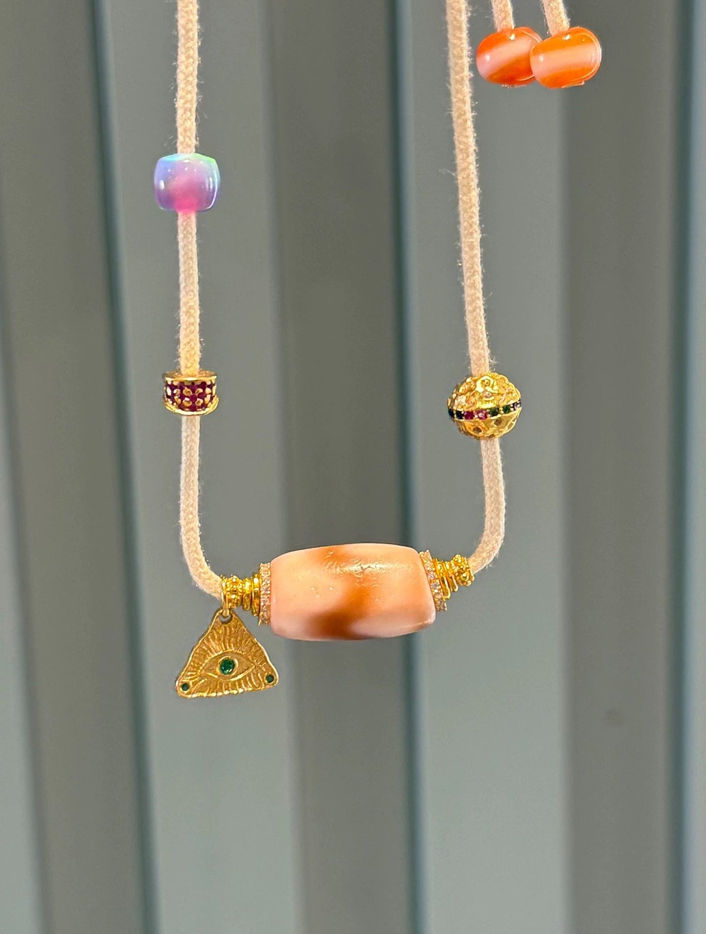 Tibetan Tiger Tooth Dzi Necklace • Ancient Etched Agate & Gold Accents Aoao Toys