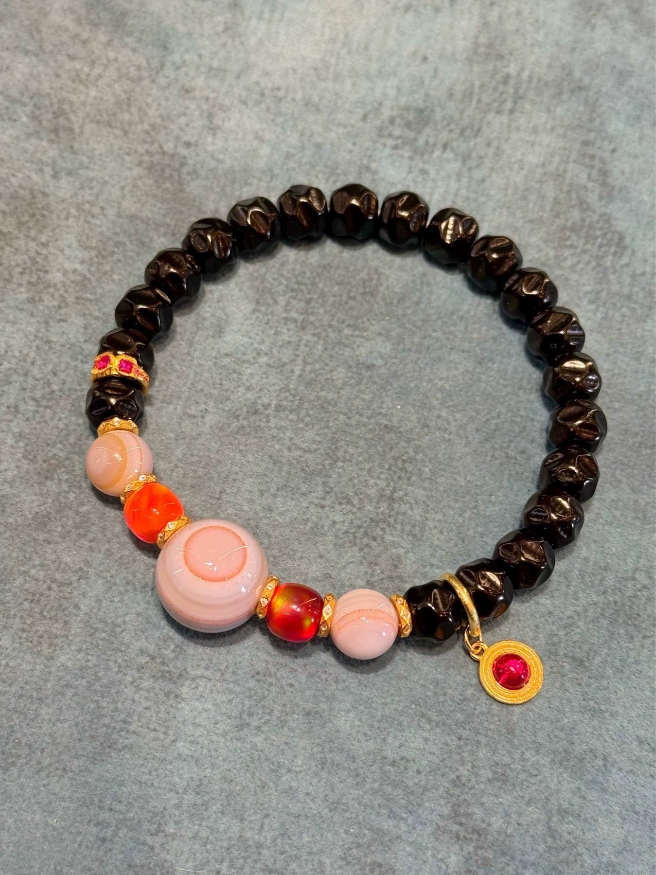 🌟 Rare Gray-Blue Agate & Black Gold Coconut Palm Kernel Multi-Gem Bracelet Unique Piece • Natural Inclusions • Tibetan Style • 925 Silver-Gilt Accents Aoao Toys