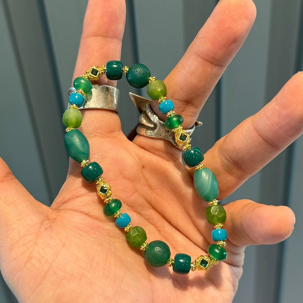 Multi-Treasure Bracelet : Green Agate with Unique Beads & Tibetan Style Aoao Toys