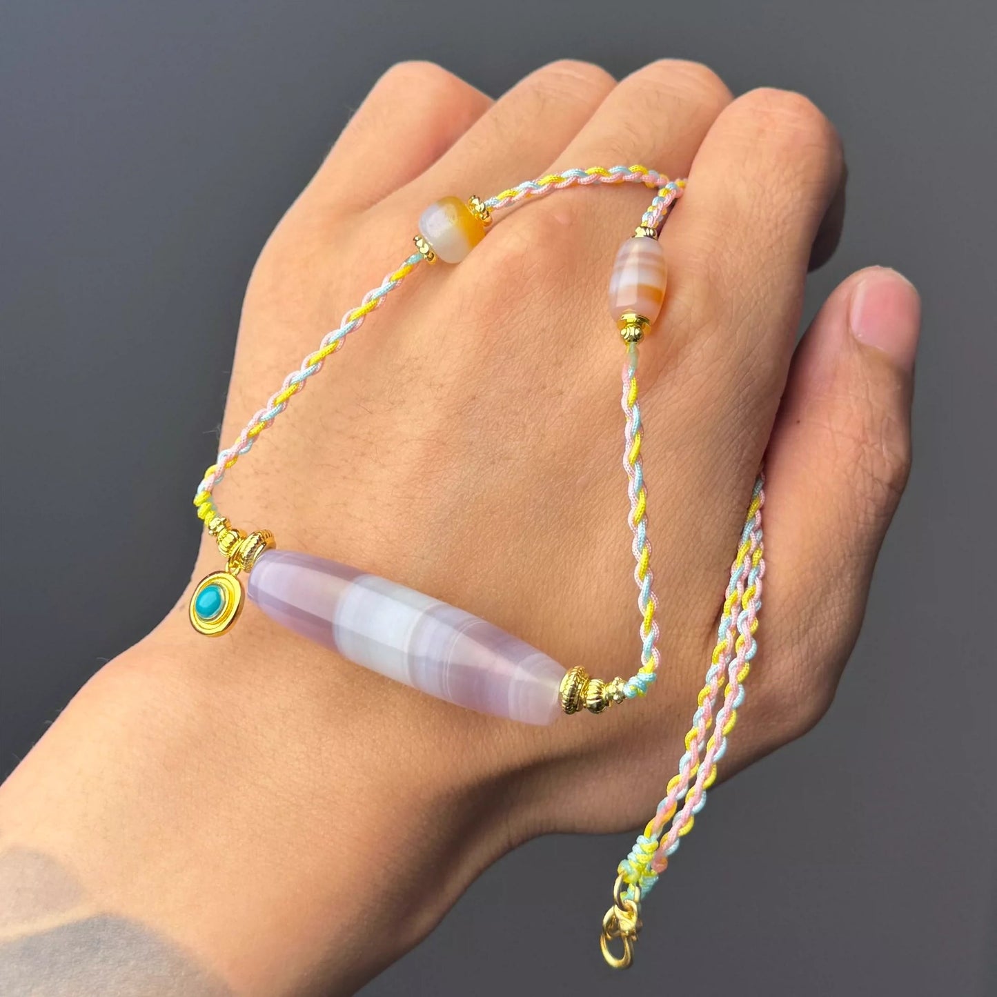 🌟 Purple-Pink Banded Agate Collarbone Necklace 48.5mm×13mm Wide-Line Bead • Handwoven Rope • Vibrant Natural Hues Aoao Toys