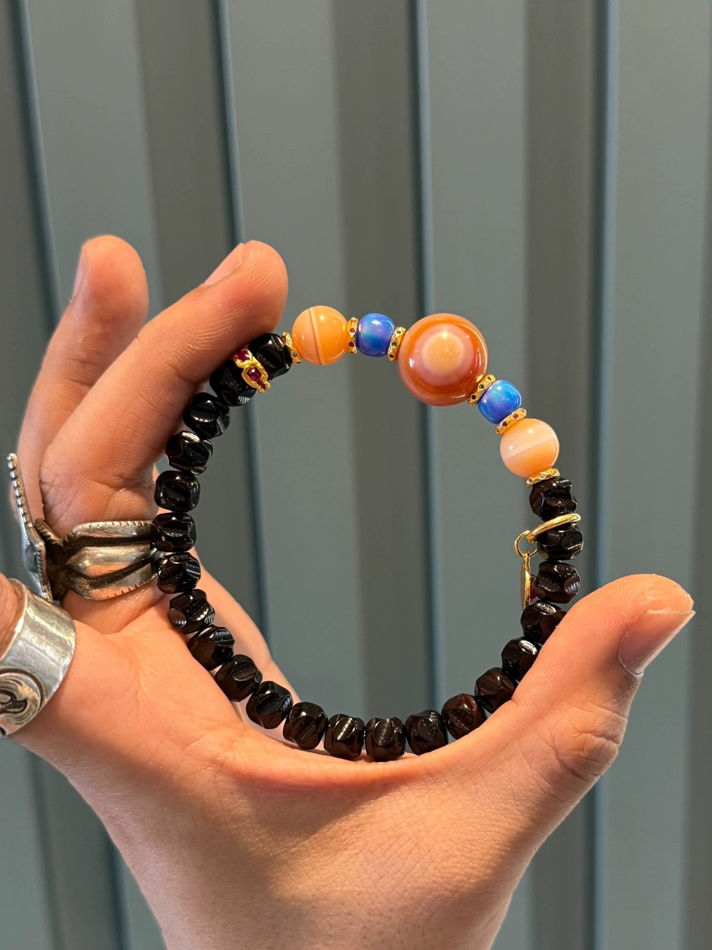 Black-Gold Coconut Ti Wu Xiang Handstring • Pink Waxy Cinnabar Agate Aoao Toys