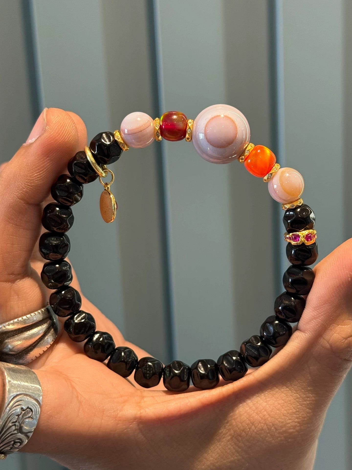 🌟 Rare Gray-Blue Agate & Black Gold Coconut Palm Kernel Multi-Gem Bracelet Unique Piece • Natural Inclusions • Tibetan Style • 925 Silver-Gilt Accents Aoao Toys