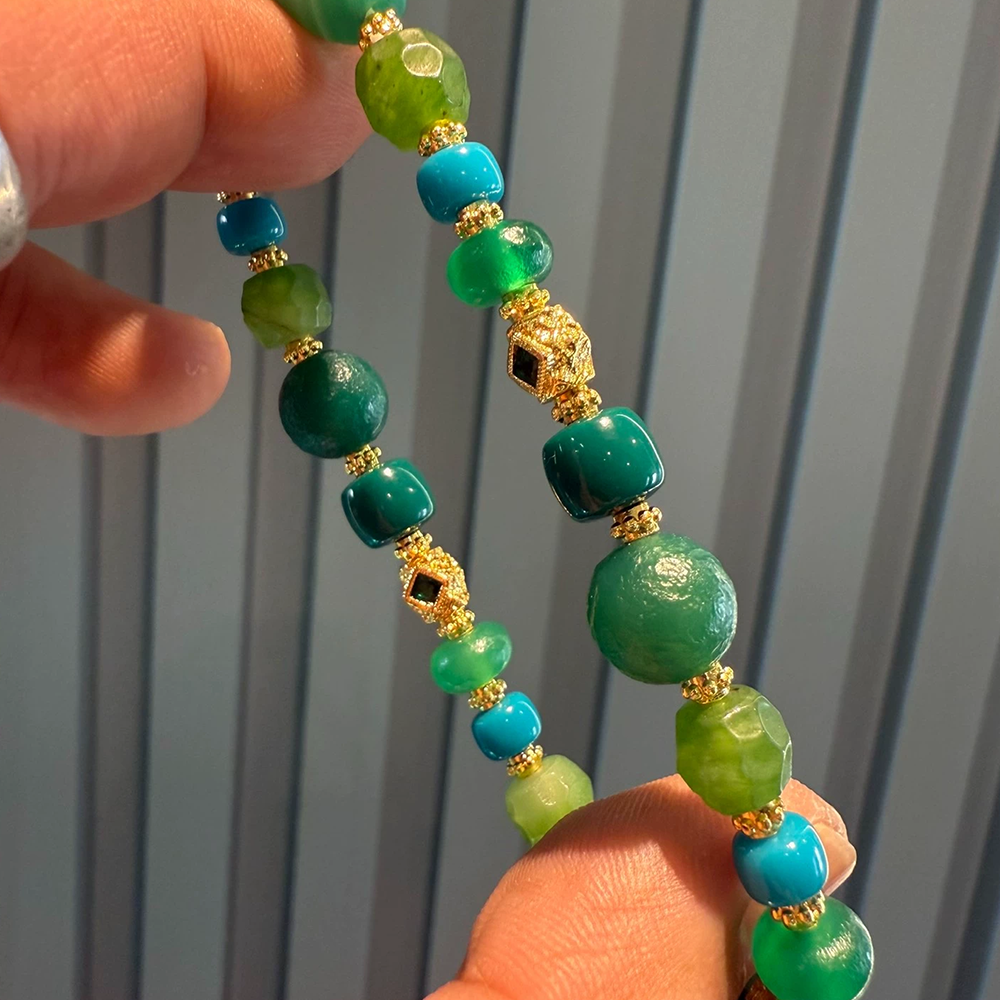 Multi-Treasure Bracelet : Green Agate with Unique Beads & Tibetan Style Aoao Toys