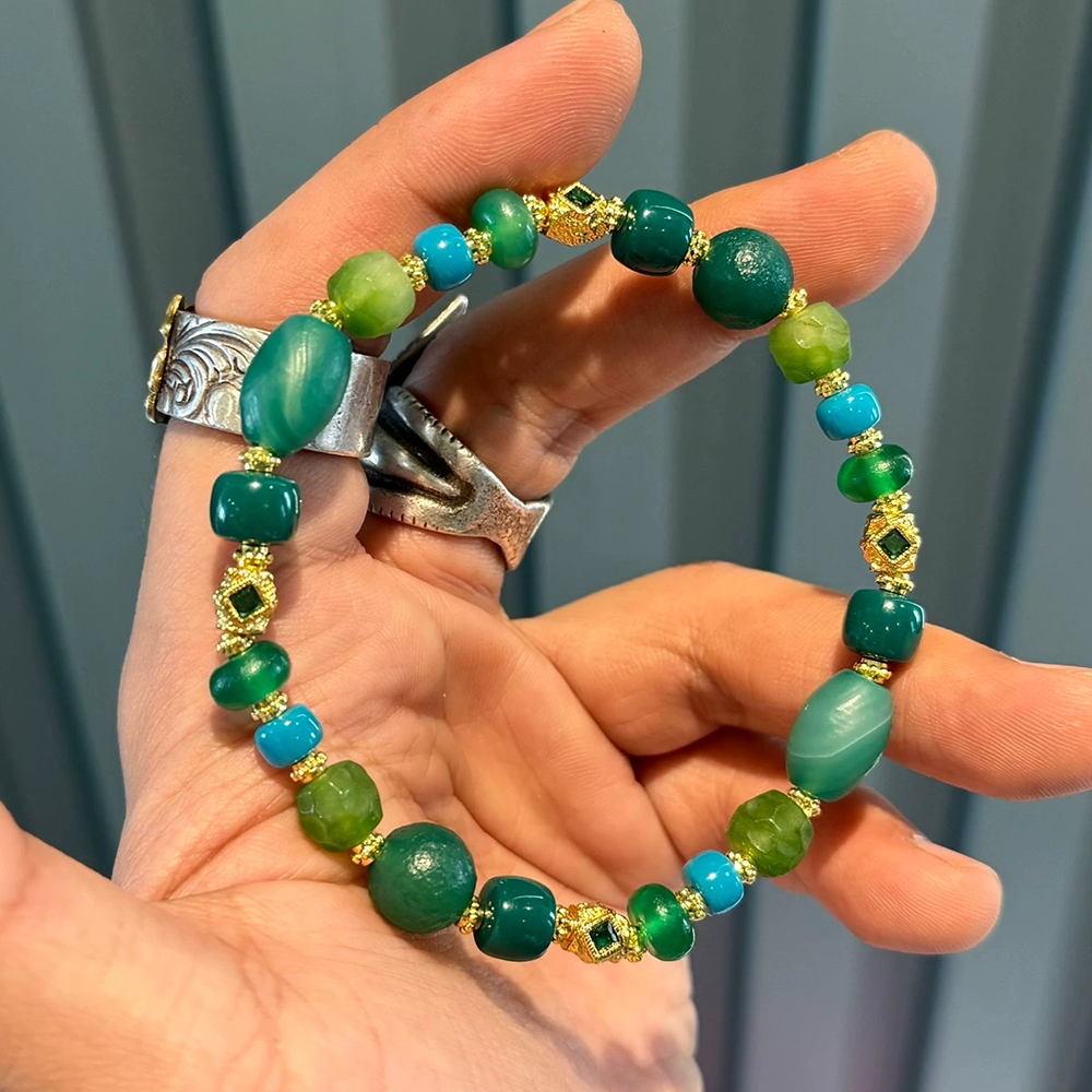 Multi-Treasure Bracelet : Green Agate with Unique Beads & Tibetan Style Aoao Toys