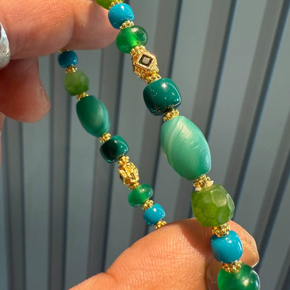 Multi-Treasure Bracelet : Green Agate with Unique Beads & Tibetan Style Aoao Toys