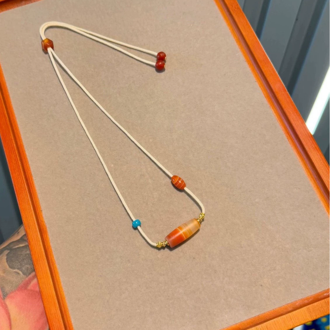 West Asian Ancient Bead Necklace • Salmon Tone Silk-Wrapped Agate Clavicle Chain Aoao Toys