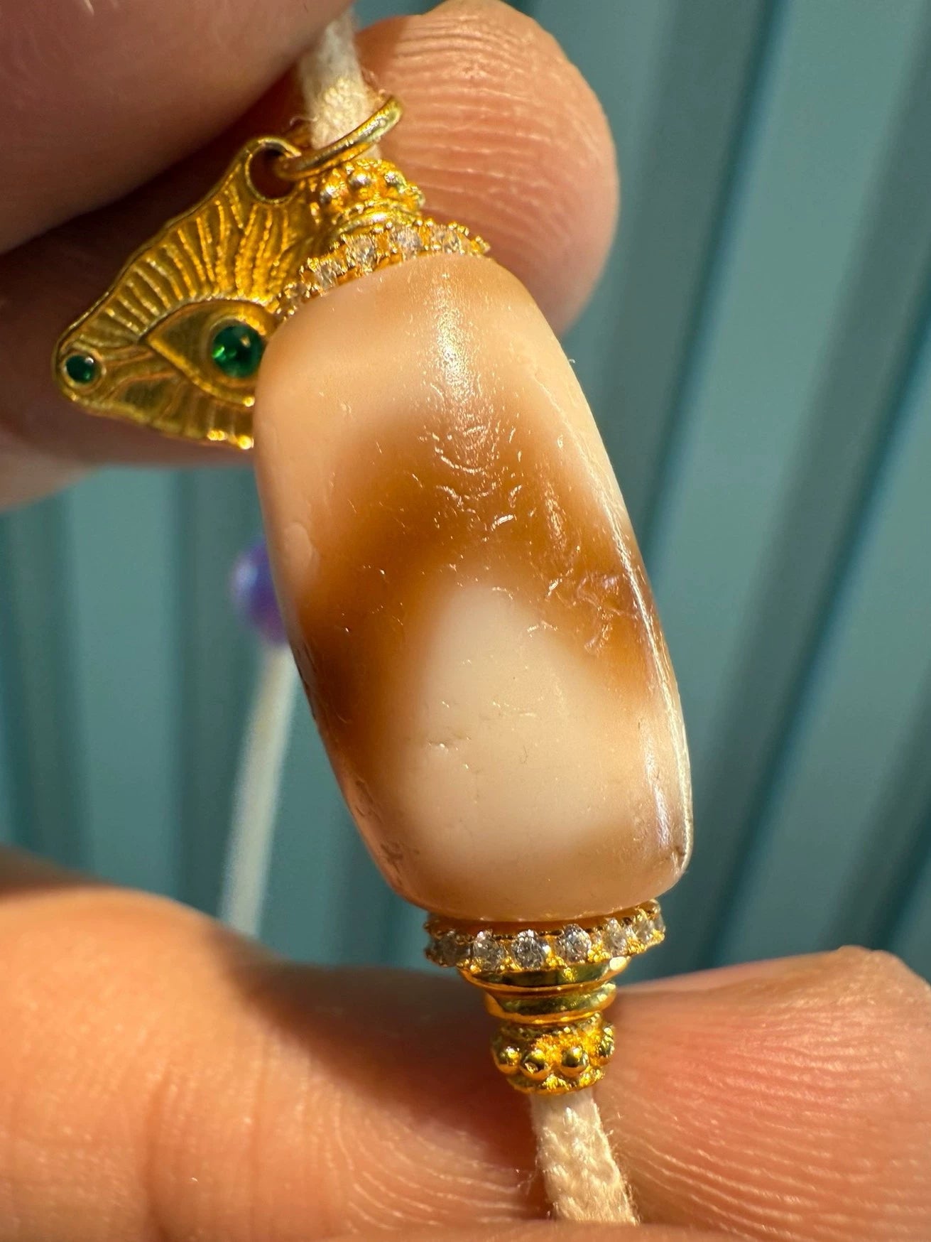 Tibetan Tiger Tooth Dzi Necklace • Ancient Etched Agate & Gold Accents Aoao Toys
