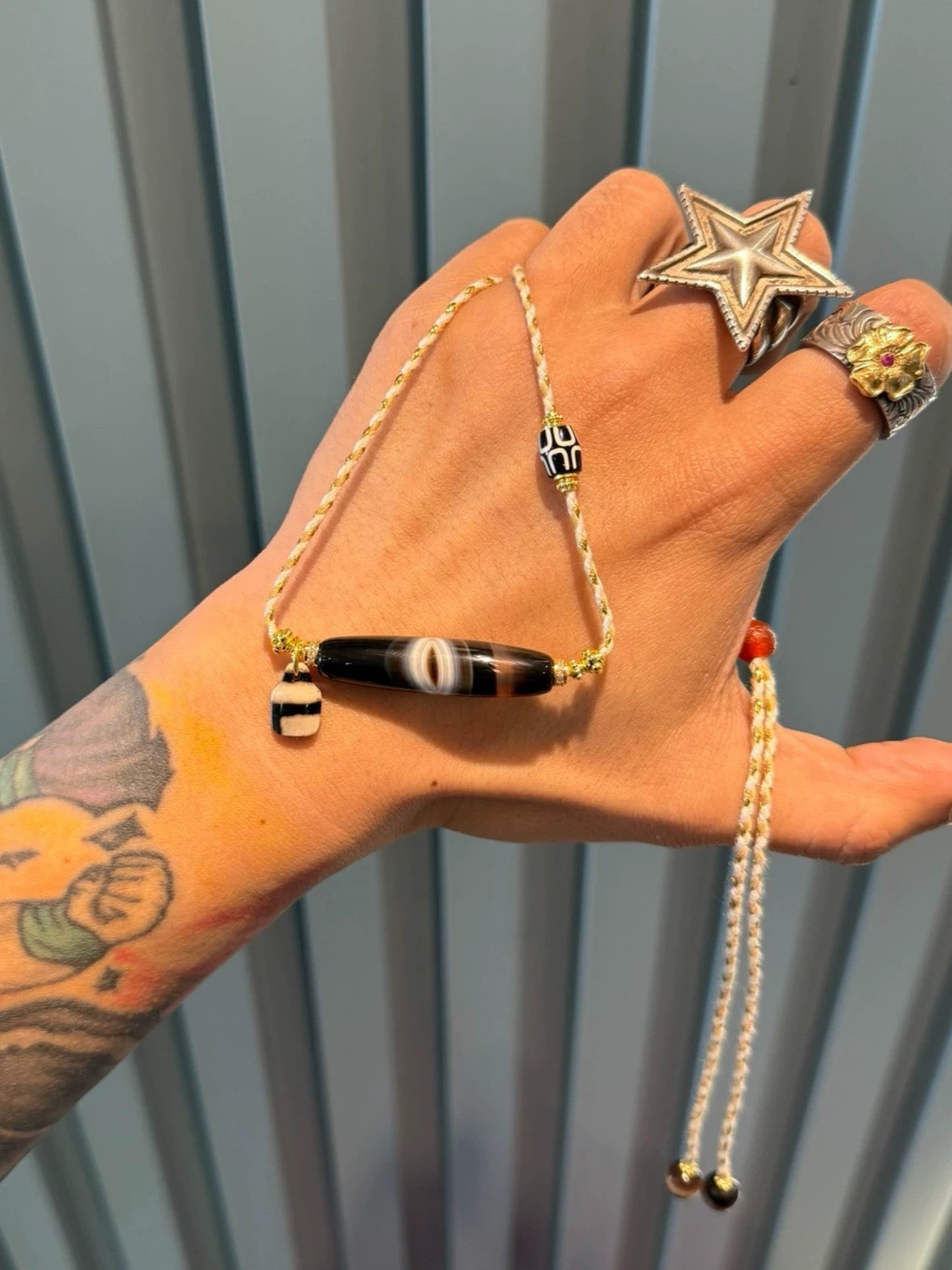 🌟 Black & White Buddha Eye Banded Agate Dzi Necklace Unique Piece • Tibetan Style • Natural Texture • Mixed Gem Accents Aoao Toys