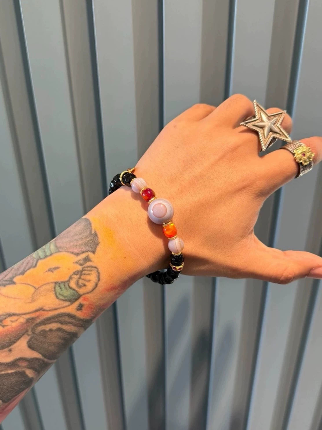 🌟 Rare Gray-Blue Agate & Black Gold Coconut Palm Kernel Multi-Gem Bracelet Unique Piece • Natural Inclusions • Tibetan Style • 925 Silver-Gilt Accents Aoao Toys