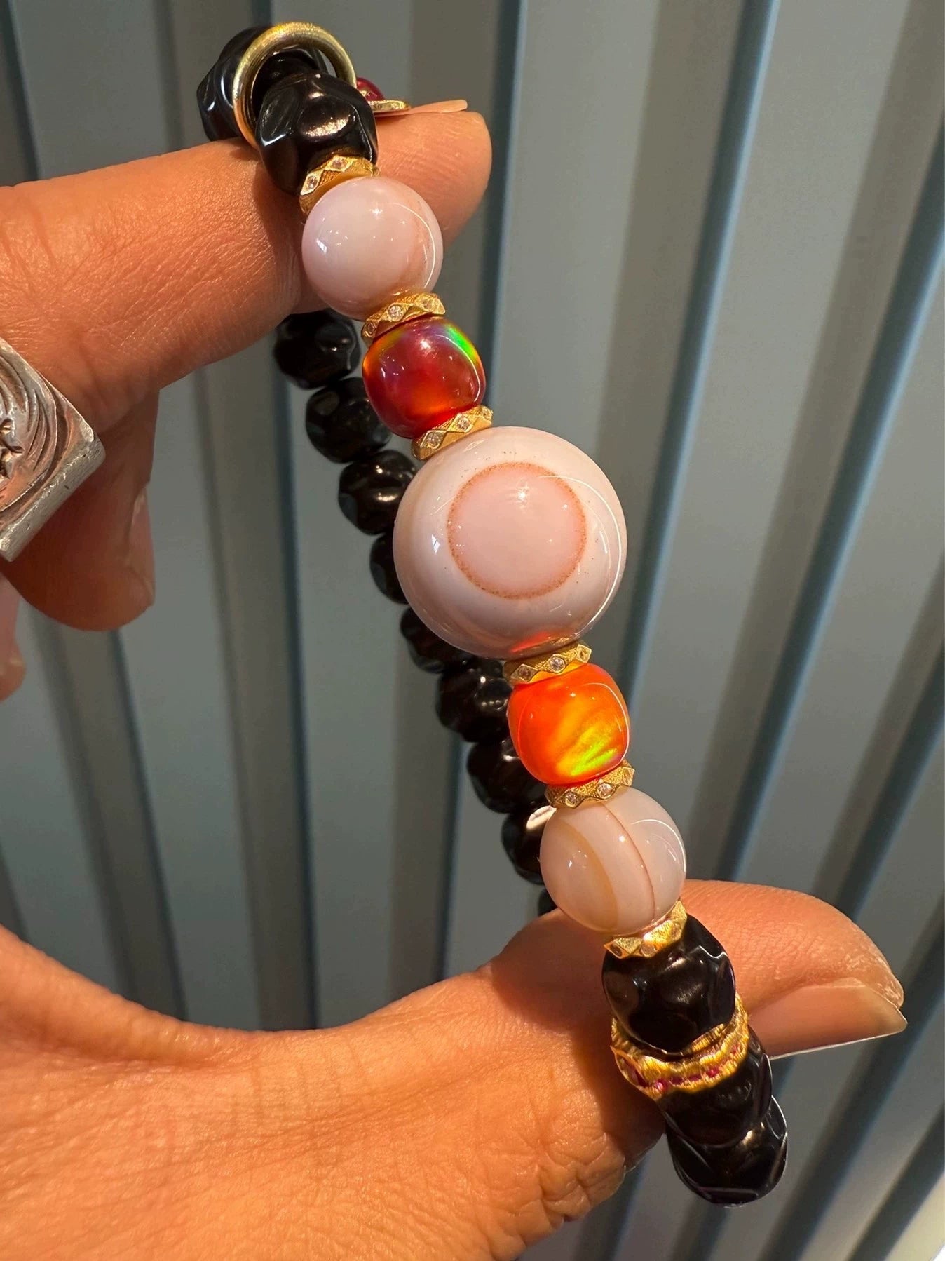 🌟 Rare Gray-Blue Agate & Black Gold Coconut Palm Kernel Multi-Gem Bracelet Unique Piece • Natural Inclusions • Tibetan Style • 925 Silver-Gilt Accents Aoao Toys