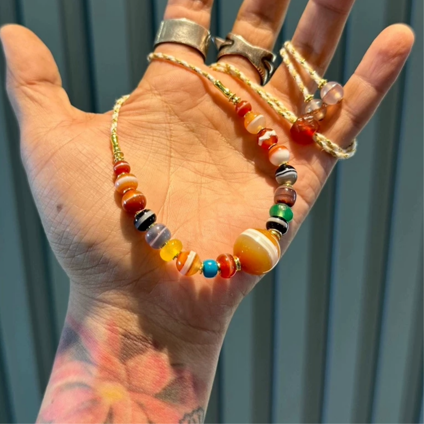 Multi-Treasure Necklace: Collarbone Chain (Striped Agate, One-Line Yakushi), Colorful Ancient Beads, Western Asia PYU Beads, Red Agate, Engraved Tibetan Pendant Aoao Toys