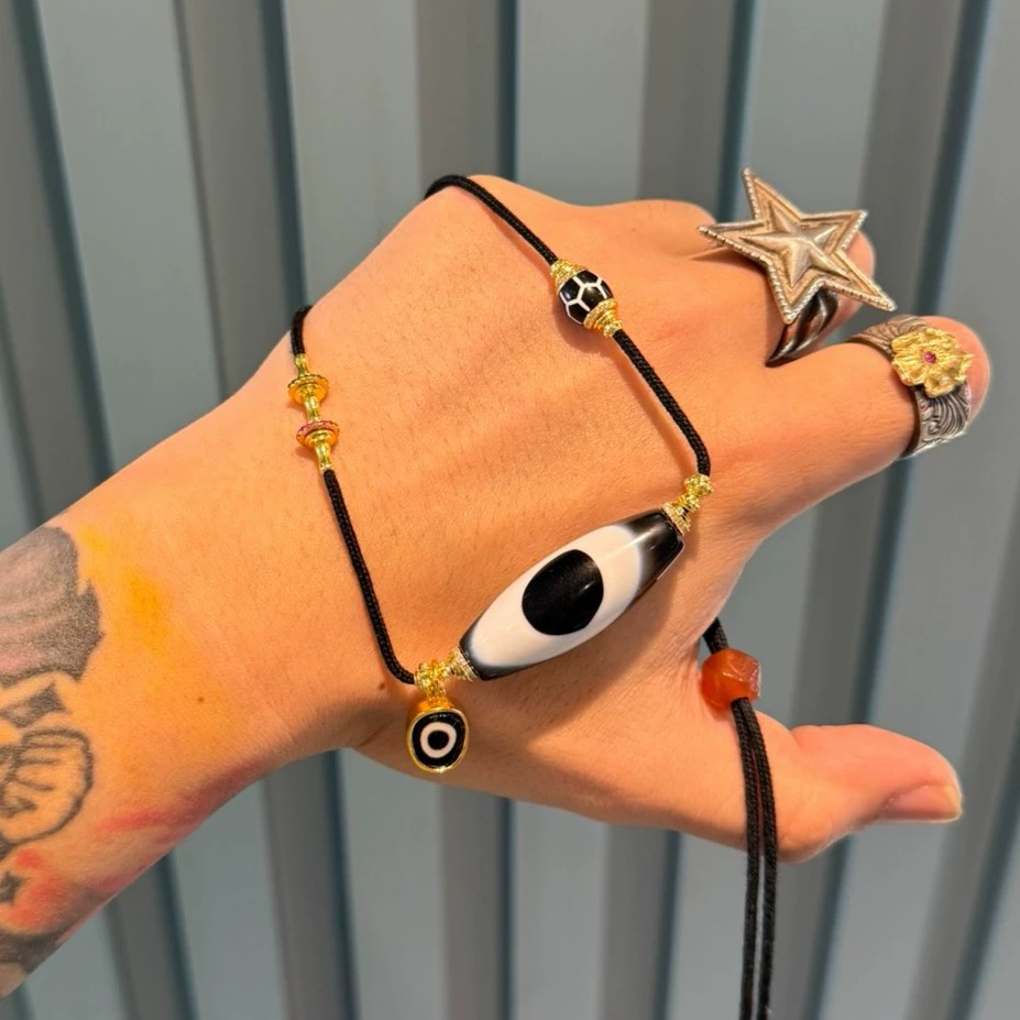 Black and Gold Coconut Palm Kernel 8mm (approx. 0.31 inches) Modified Single - loop Multi - gemstone Bracelet (Incorporating Ultra - rare Blue - infiltrated Lava Agate, Layered Agate, and Silk - like Agate) and Black - and - White Dzi Bead Necklace