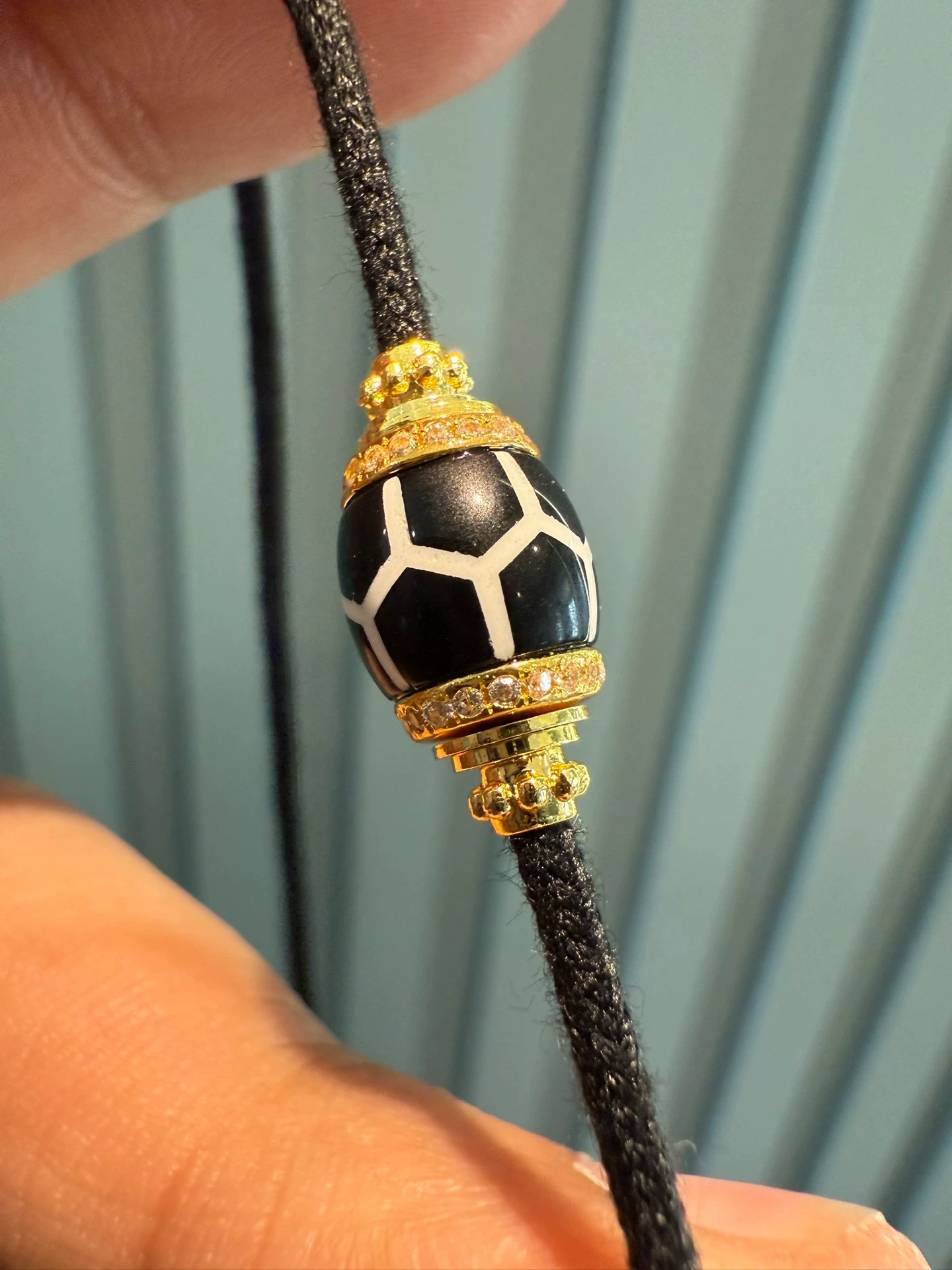 Black and Gold Coconut Palm Kernel 8mm (approx. 0.31 inches) Modified Single - loop Multi - gemstone Bracelet (Incorporating Ultra - rare Blue - infiltrated Lava Agate, Layered Agate, and Silk - like Agate) and Black - and - White Dzi Bead Necklace
