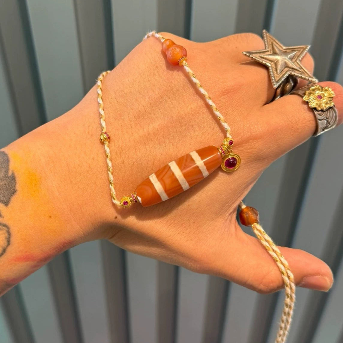 Western Asian Style Salmon-pink Carnelian Three-line Inlaid Bead Necklace with Pyu & Tibetan Influences Aoao Toys