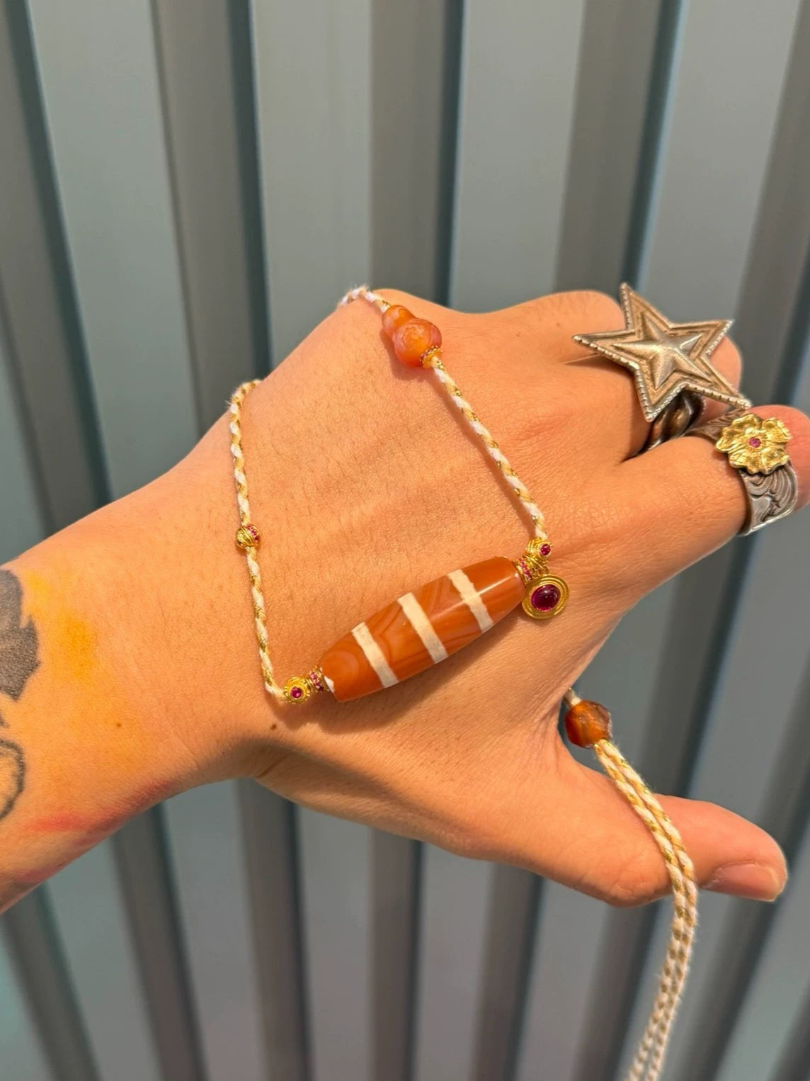 Western Asian Style Salmon-pink Carnelian Three-line Inlaid Bead Necklace with Pyu & Tibetan Influences Aoao Toys