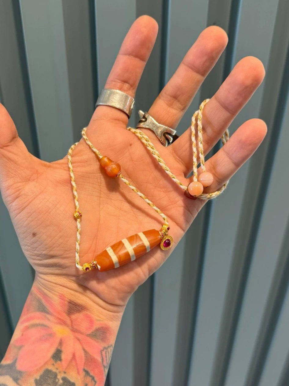 Western Asian Style Salmon-pink Carnelian Three-line Inlaid Bead Necklace with Pyu & Tibetan Influences Aoao Toys
