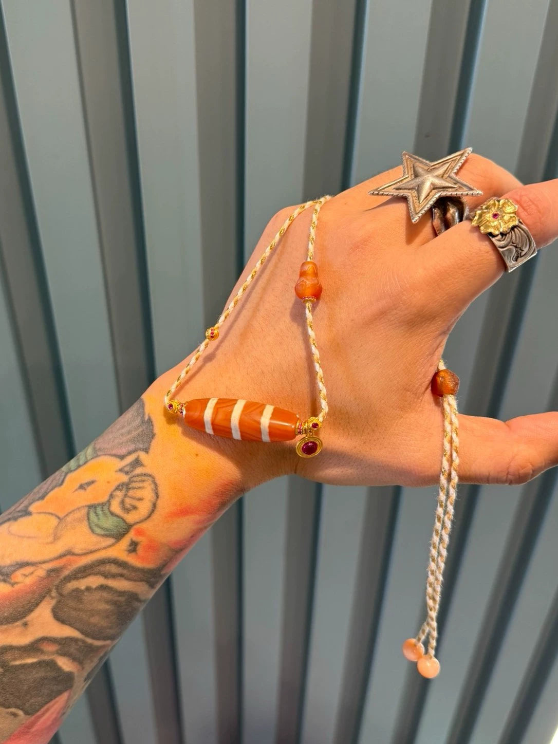 Western Asian Style Salmon-pink Carnelian Three-line Inlaid Bead Necklace with Pyu & Tibetan Influences Aoao Toys