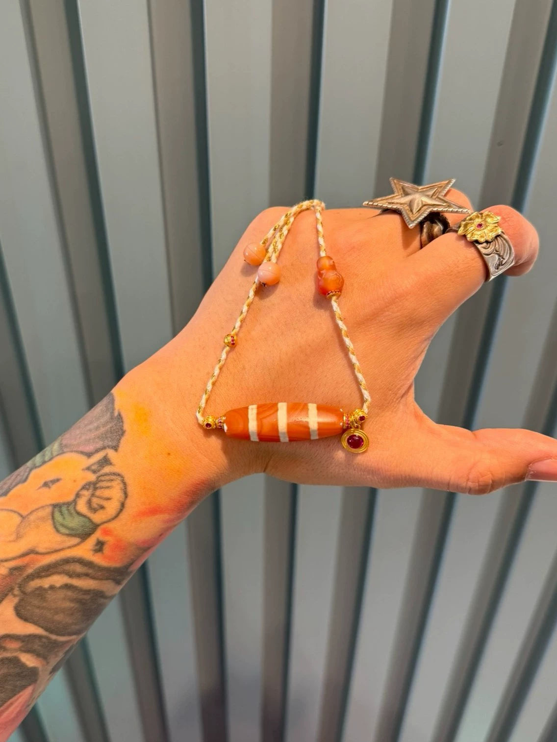 Western Asian Style Salmon-pink Carnelian Three-line Inlaid Bead Necklace with Pyu & Tibetan Influences Aoao Toys