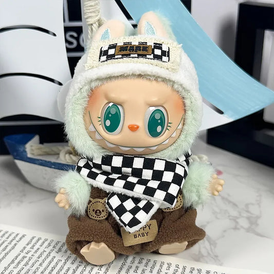 🖤 Black Plaid Set (Headband + Overalls + Scarf) with Bonus Brown Rain Boots (Pose-Friendly for Sitting & Standing • Doll Not Included • Timeless Retro-Chic Fashion)