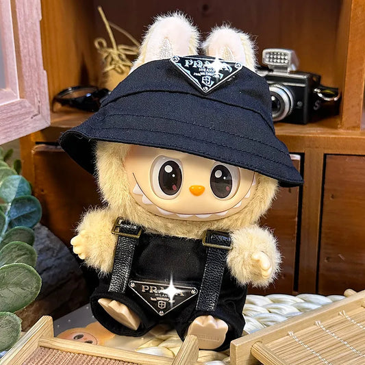 🖤 P Home Black Set (Hat + Overalls) for Cola-Sized Dolls with Bonus Black Rain Boots (Pose-Friendly for Sitting & Standing • Doll Not Included • Sleek and Versatile Style)