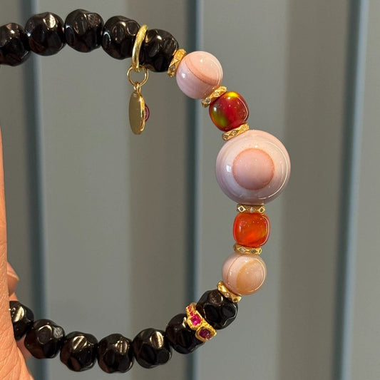 🌟 Rare Gray-Blue Agate & Black Gold Coconut Palm Kernel Multi-Gem Bracelet Unique Piece • Natural Inclusions • Tibetan Style • 925 Silver-Gilt Accents Aoao Toys