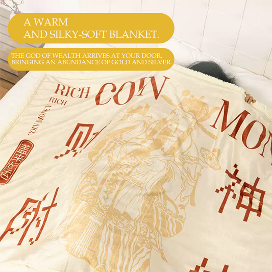 God of Wealth-Inspired Flannel Blanket: Ideal for Office Naps, Sofa Covering and Cultural & Creative Office Use-"Strive for Wealth" Aoao Toys