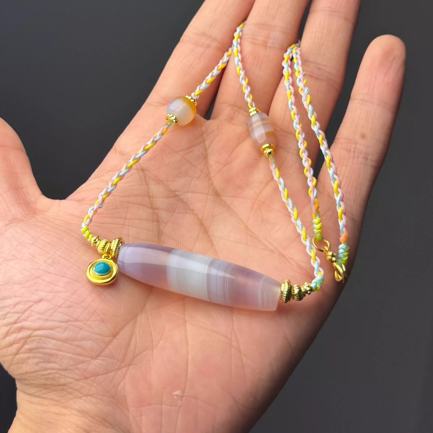 🌟 Purple-Pink Banded Agate Collarbone Necklace 48.5mm×13mm Wide-Line Bead • Handwoven Rope • Vibrant Natural Hues Aoao Toys