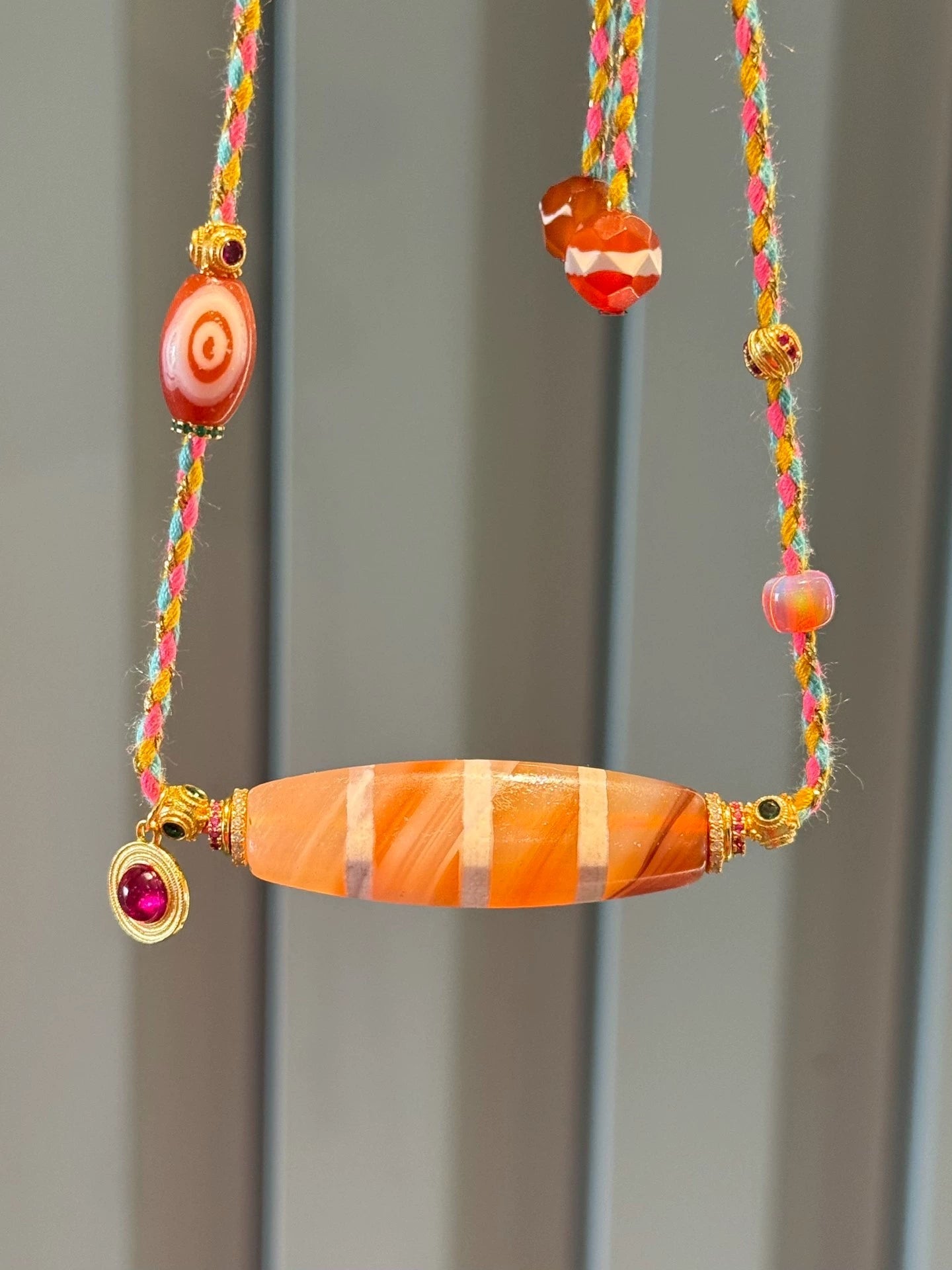 🌟 West Asian Style Orange-Pink Rainbow Agate Dzi Necklace Unique Piece • Natural Material • 925 Silver-Gilt Accents Aoao Toys