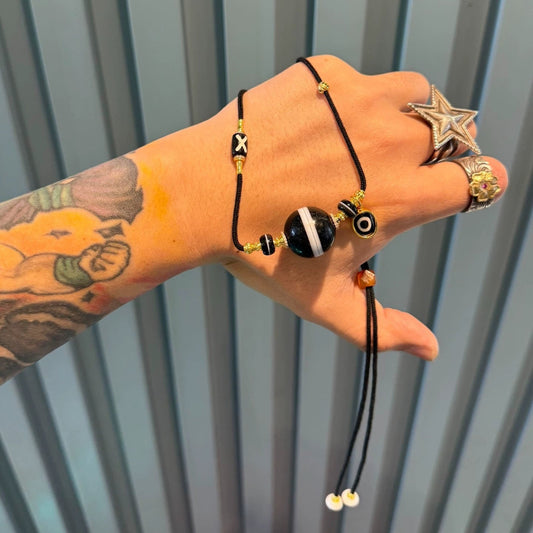 Tibetan Medicine Master Dzi Collarbone Necklace • Black-White Sardonyx & Ancient Pyu Bead Fusion Aoao Toys