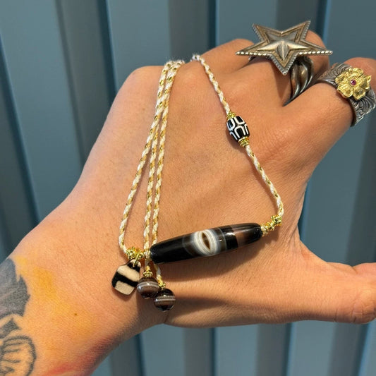 🌟 Black & White Buddha Eye Banded Agate Dzi Necklace Unique Piece • Tibetan Style • Natural Texture • Mixed Gem Accents Aoao Toys