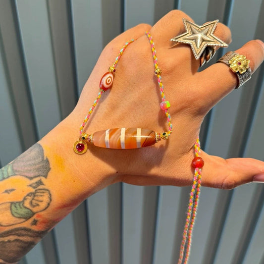 🌟 West Asian Style Orange-Pink Rainbow Agate Dzi Necklace Unique Piece • Natural Material • 925 Silver-Gilt Accents Aoao Toys