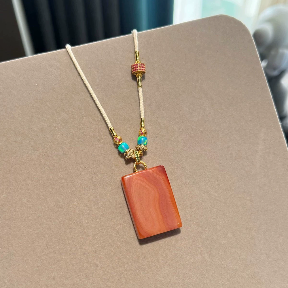 Exclusive Pendant Necklace – Powdery Pink Agate with Red Sandalwood Eyes and Opal Inlay Aoao Toys