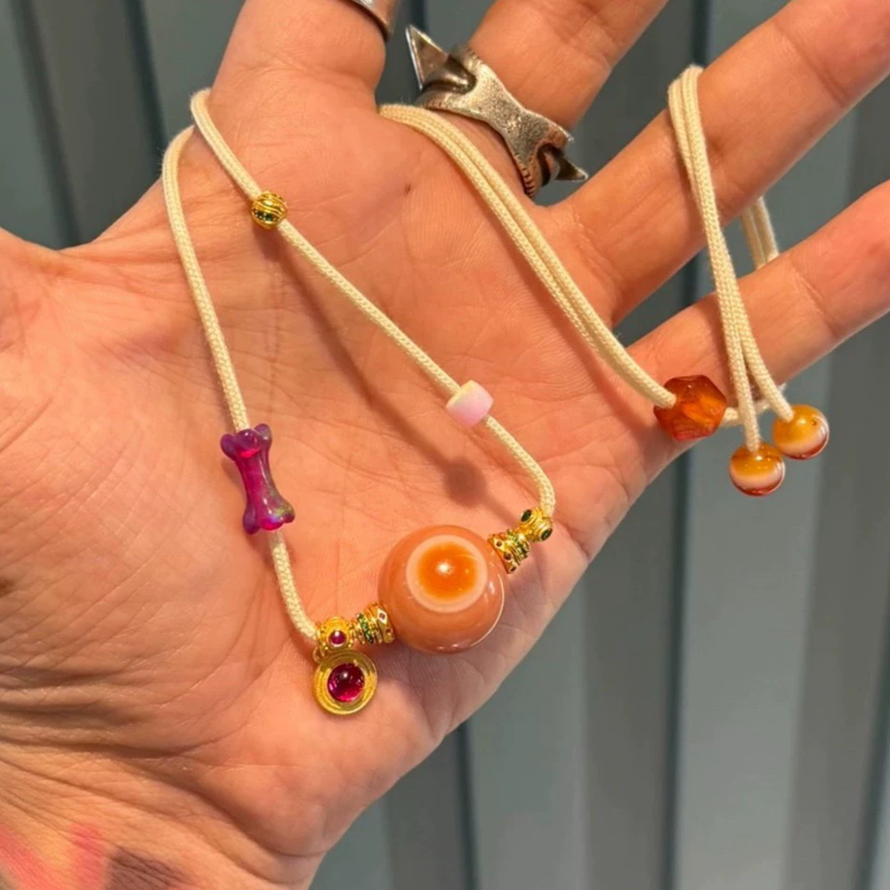 Premium Pink Agate Necklace with Red Sandalwood Eyes Aoao Toys