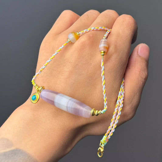 🌟 Purple-Pink Banded Agate Collarbone Necklace 48.5mm×13mm Wide-Line Bead • Handwoven Rope • Vibrant Natural Hues Aoao Toys