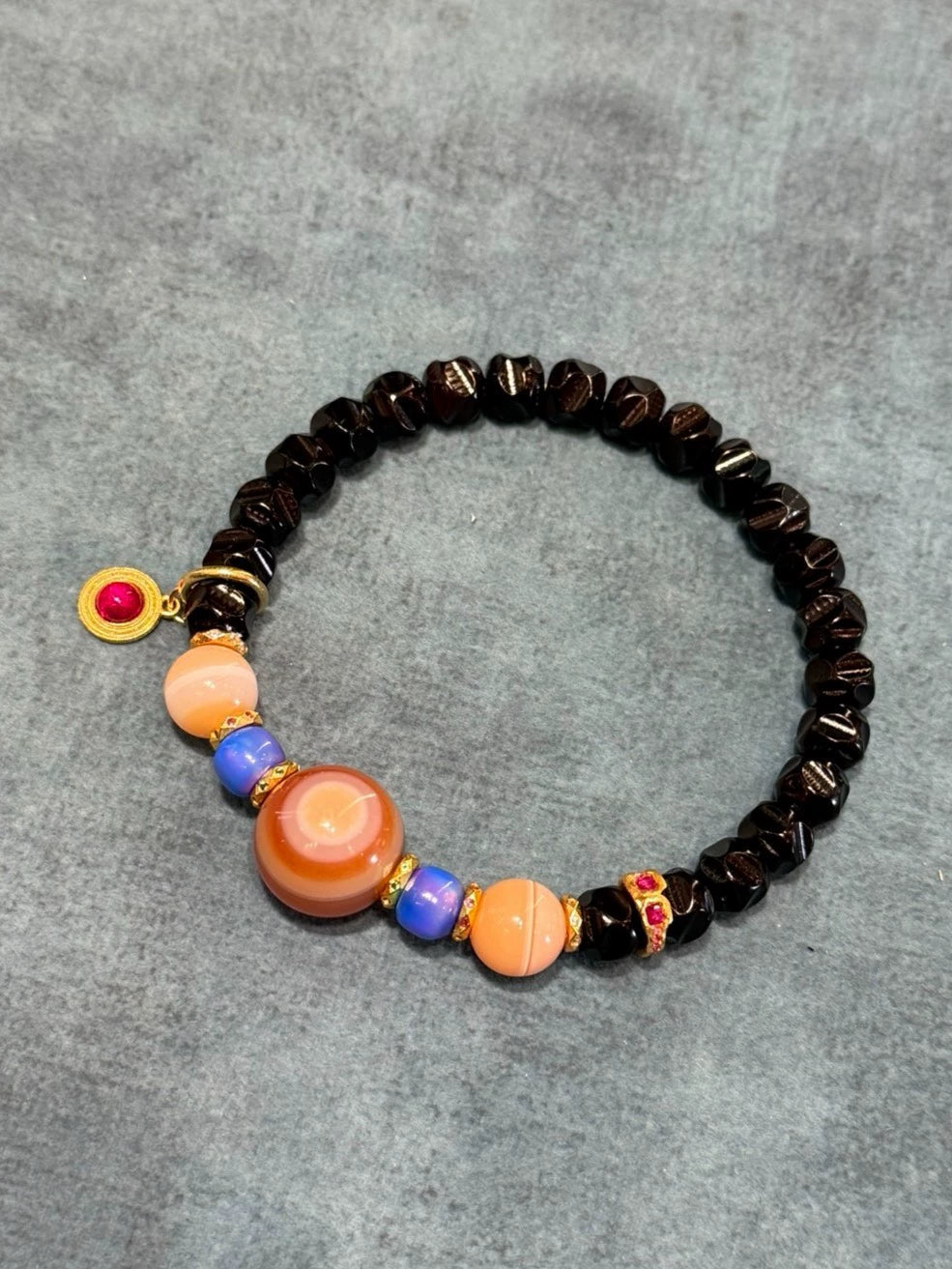 Black-Gold Coconut Ti Wu Xiang Handstring • Pink Waxy Cinnabar Agate Aoao Toys