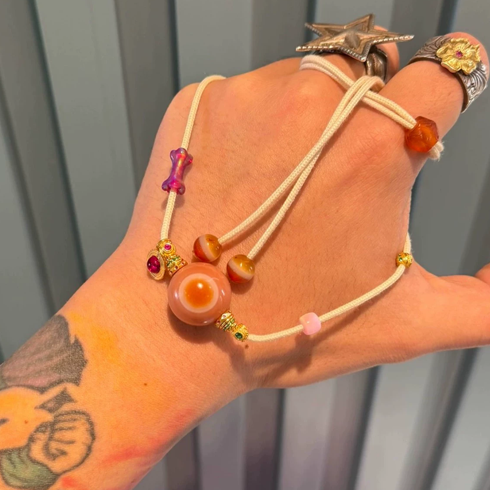 Premium Pink Agate Necklace with Red Sandalwood Eyes Aoao Toys