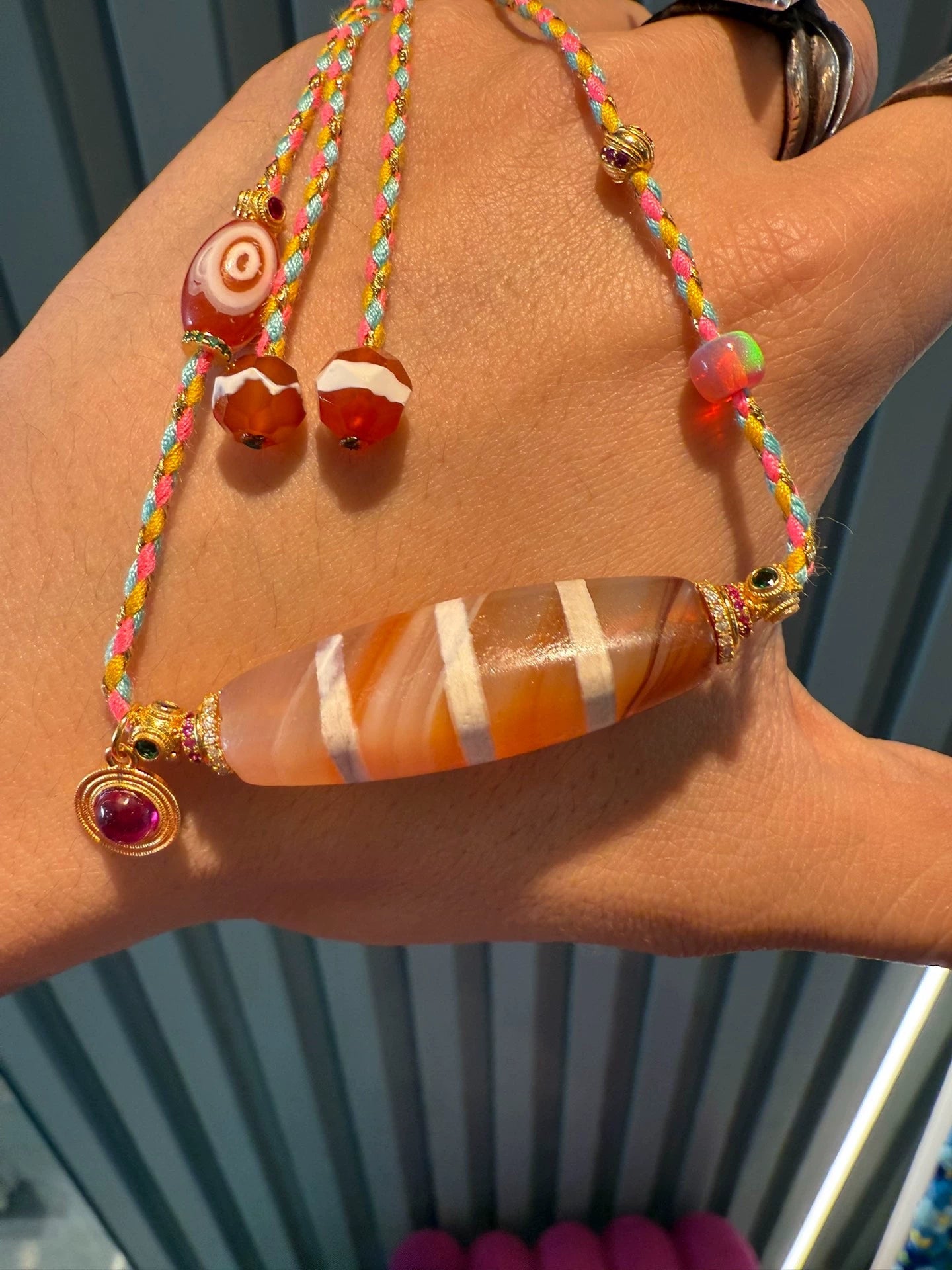 🌟 West Asian Style Orange-Pink Rainbow Agate Dzi Necklace Unique Piece • Natural Material • 925 Silver-Gilt Accents Aoao Toys