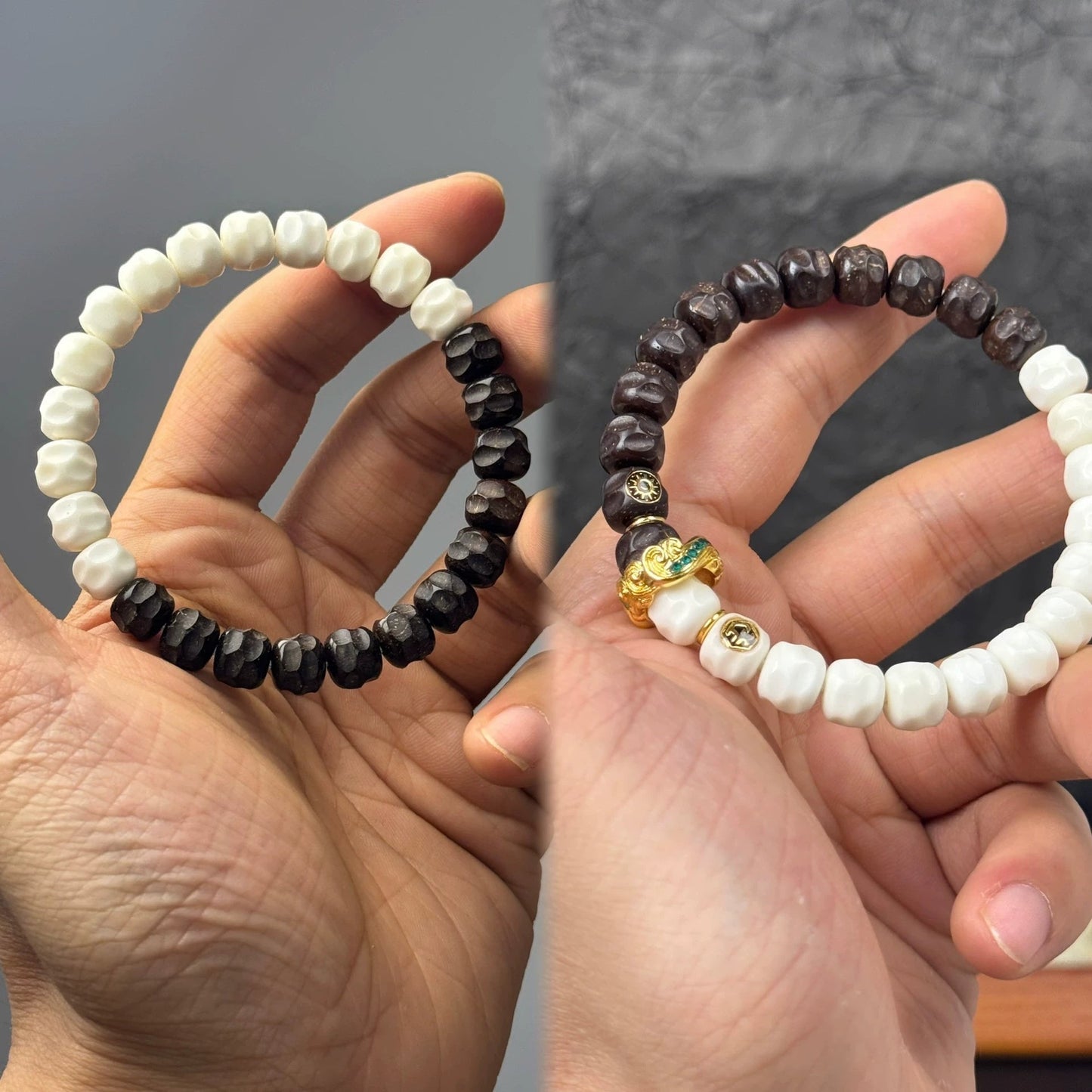 Handcrafted Coconut Palm & White Jade Bodhi Wuxiang Yin-Yang Single Bracelet with 9*8mm Carved Beads Aoao Toys