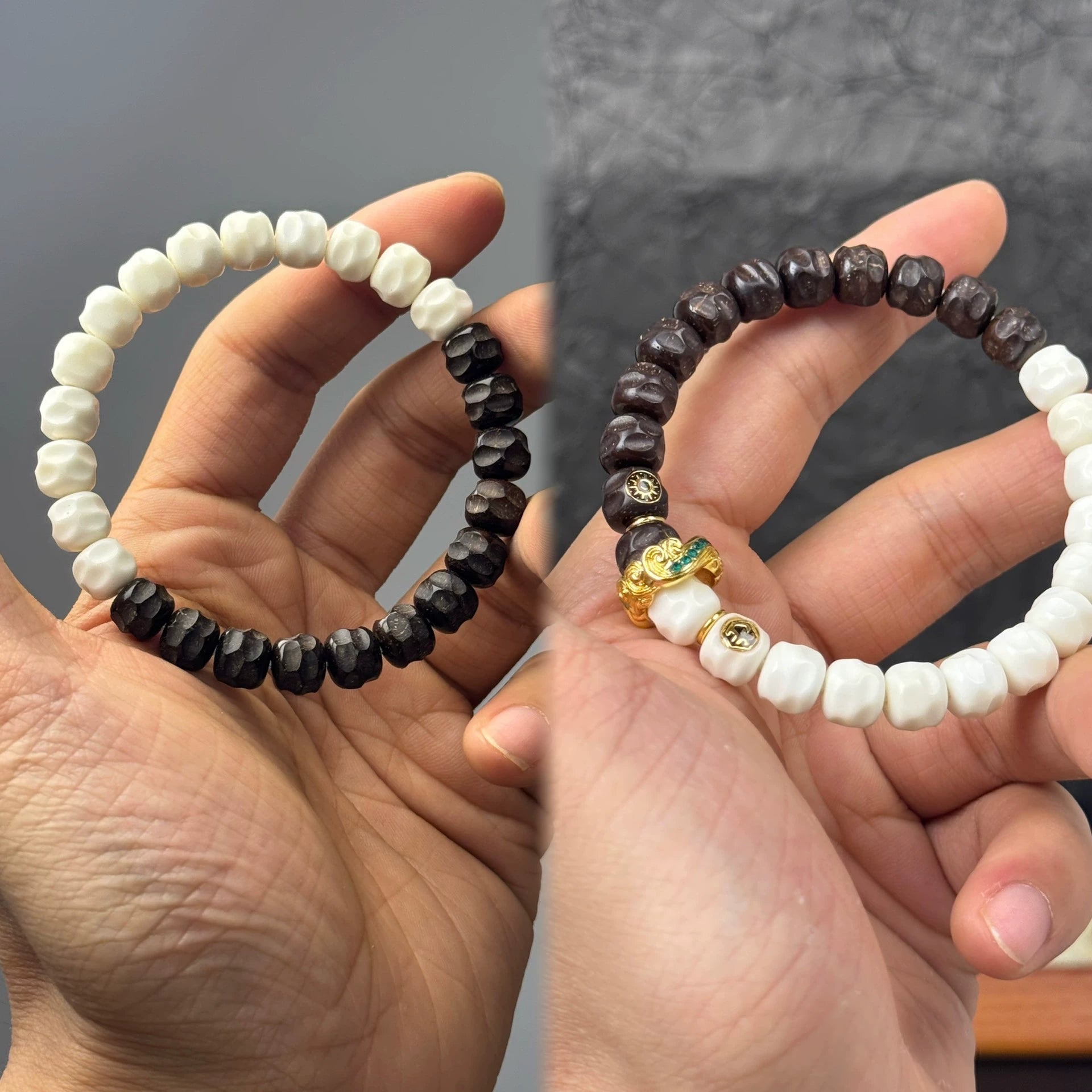Handcrafted Coconut Palm & White Jade Bodhi Wuxiang Yin-Yang Single Bracelet with 9*8mm Carved Beads Aoao Toys
