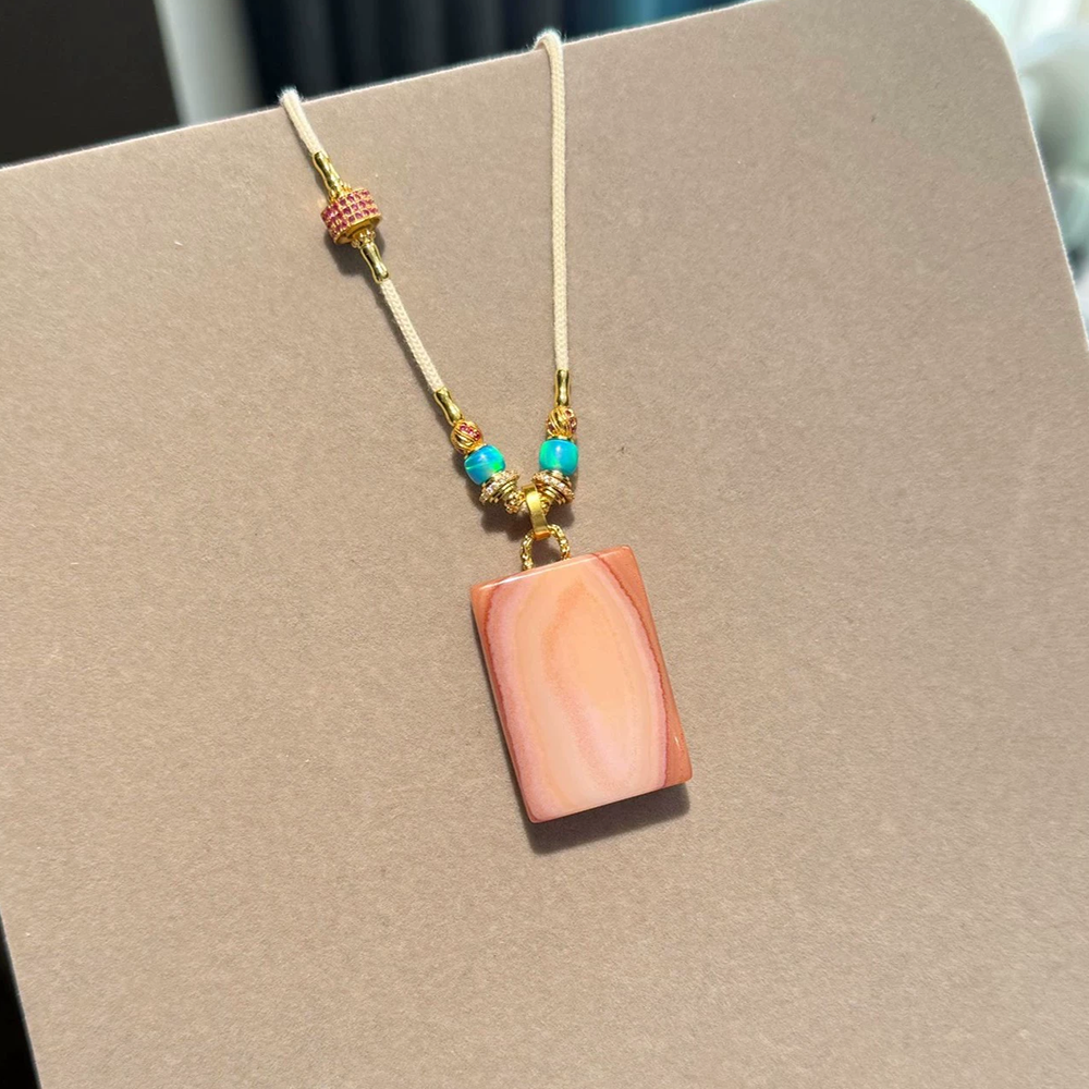 Exclusive Pendant Necklace – Powdery Pink Agate with Red Sandalwood Eyes and Opal Inlay Aoao Toys