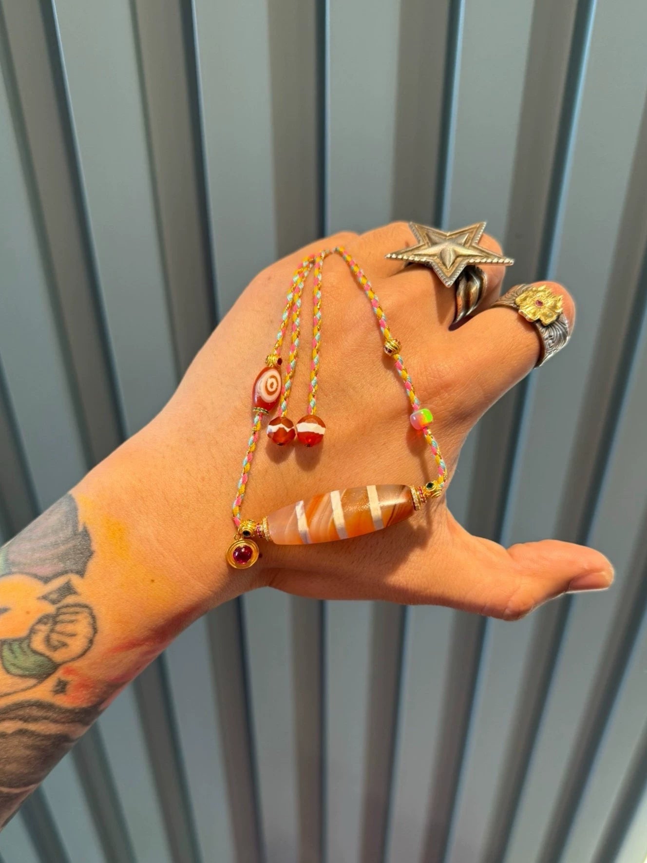🌟 West Asian Style Orange-Pink Rainbow Agate Dzi Necklace Unique Piece • Natural Material • 925 Silver-Gilt Accents Aoao Toys