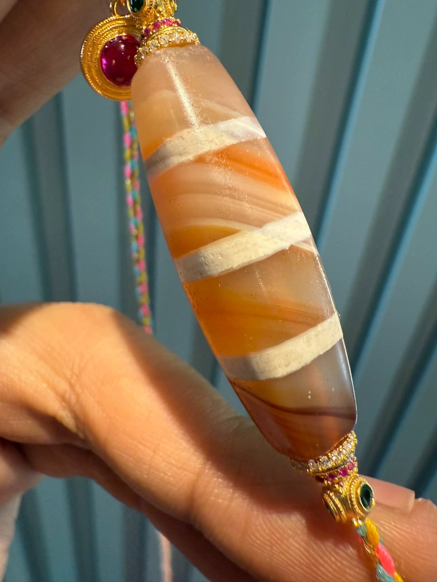 🌟 West Asian Style Orange-Pink Rainbow Agate Dzi Necklace Unique Piece • Natural Material • 925 Silver-Gilt Accents Aoao Toys