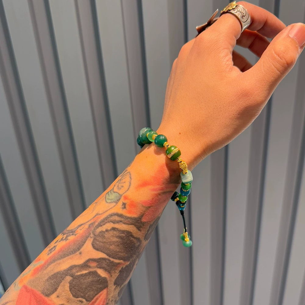 Wood lucky color:Tibetan-Inspired Green Agate Bracelet Aoao Toys