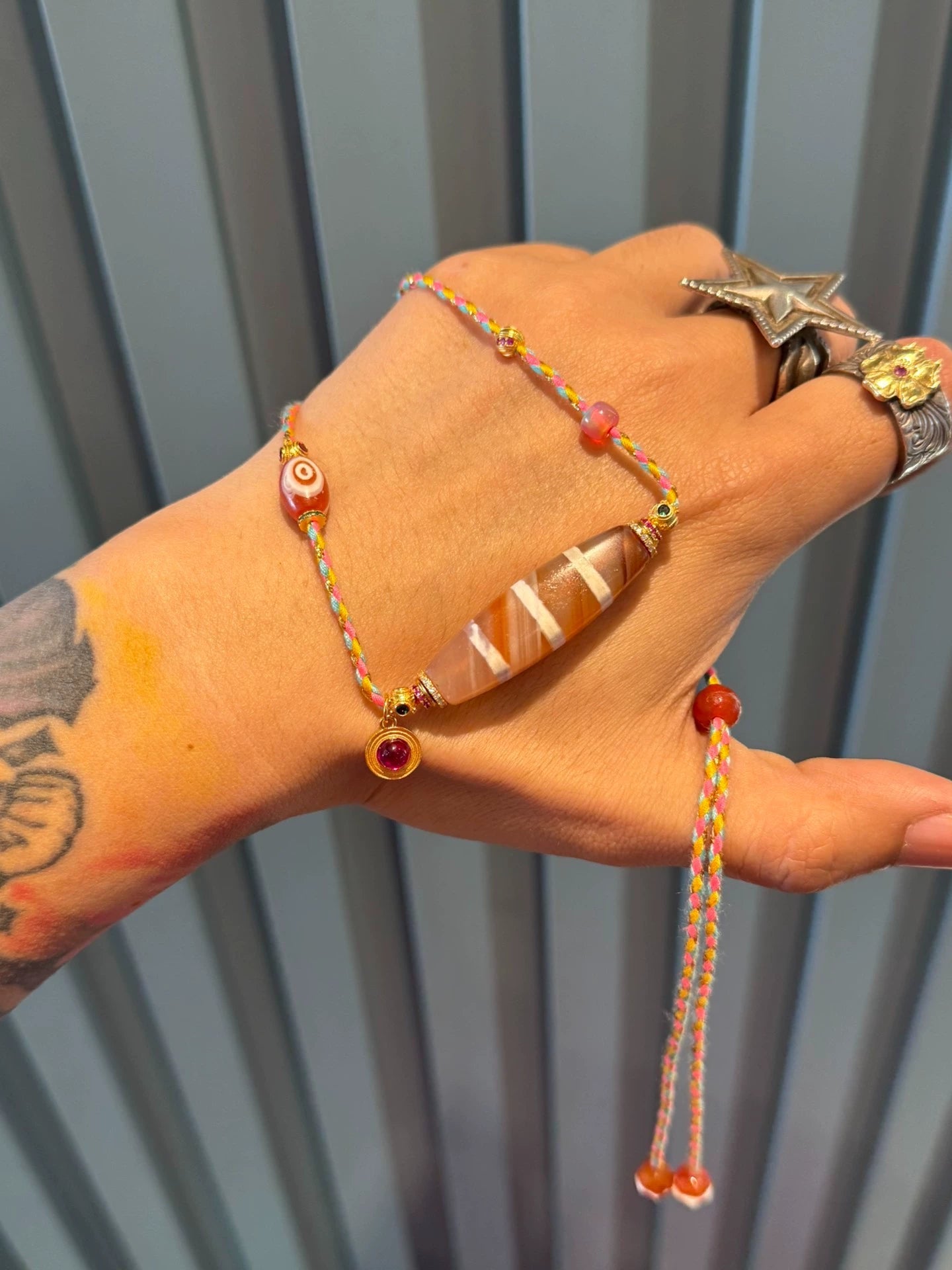 🌟 West Asian Style Orange-Pink Rainbow Agate Dzi Necklace Unique Piece • Natural Material • 925 Silver-Gilt Accents Aoao Toys