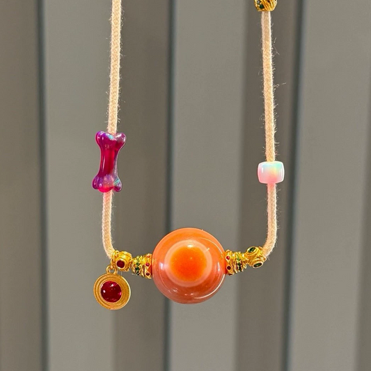 Premium Pink Agate Necklace with Red Sandalwood Eyes Aoao Toys