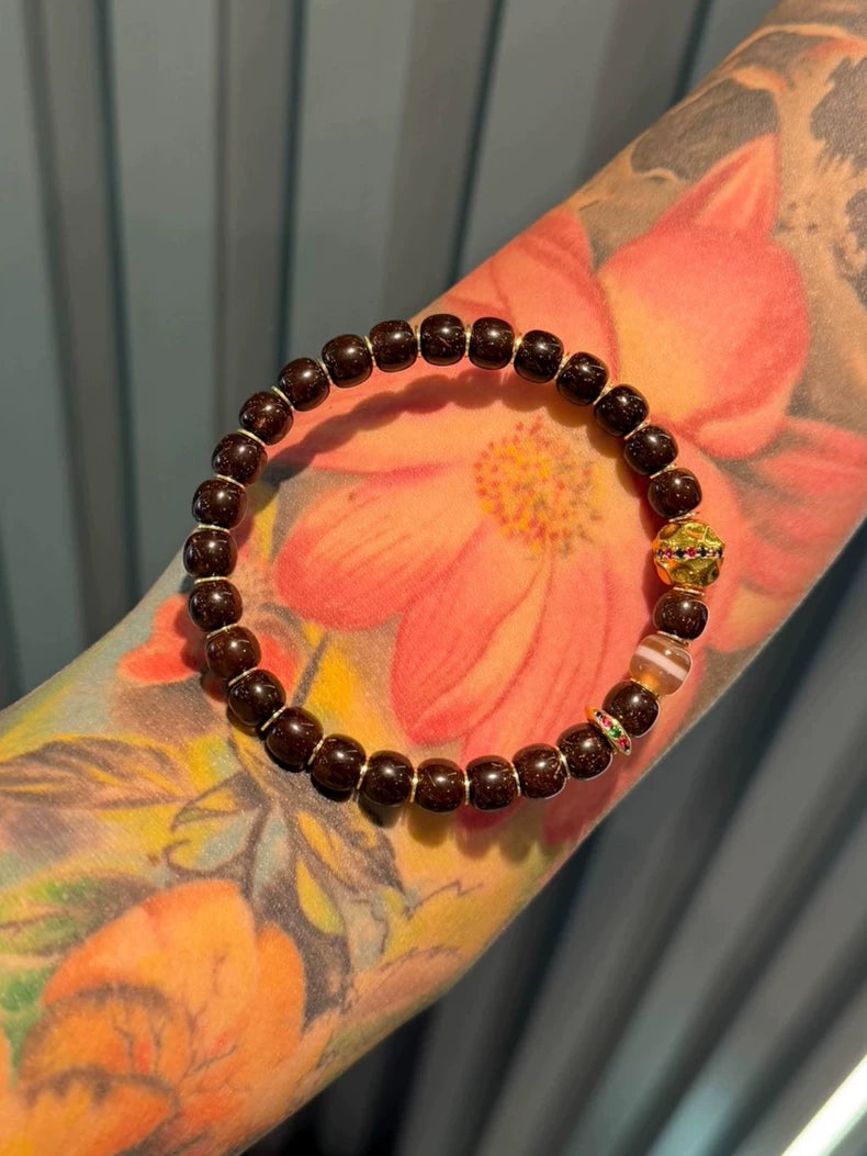 Earth lucky color：Natural Coconut Shell Bead Bracelet – Full Design with Agate Accents & Gold-Plated Details Aoao Toys