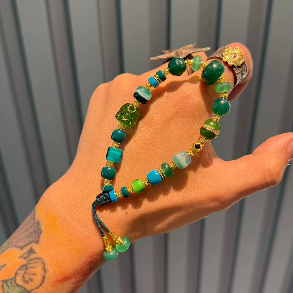 Wood lucky color:Tibetan-Inspired Green Agate Bracelet Aoao Toys